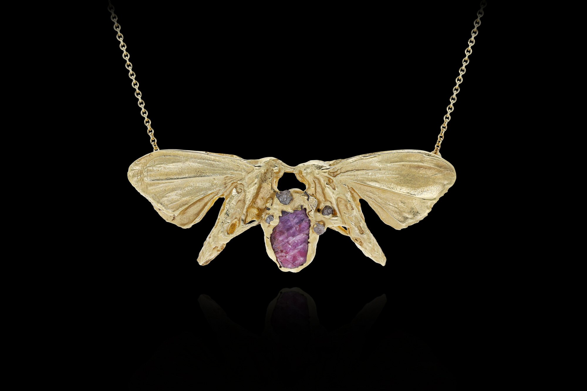 18ct Gold  Moth Necklace with Uncut Ruby and Diamonds